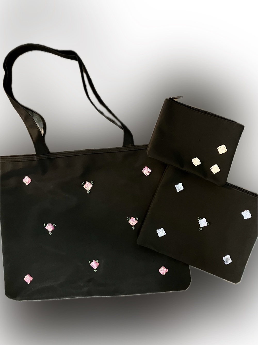 Black Floral Embroidered Tote with Matching Pouch Set
